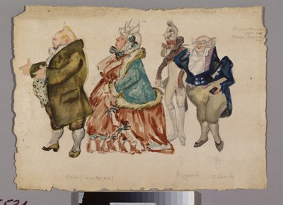 Verschillende mannelijke en vrouwelijke kostuums. Kostuumontwerp voor de opera "Eugene OneGuine" door Aleksandr Aleksandrovich Osmerkin