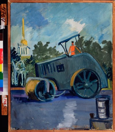 De asfaltering. (Een machine legt asfalt in een straat). Schilderij van Alexander Isaakovich Rusakov (1898-1952), olie op doek door Aleksandr Isaakovich Rusakov