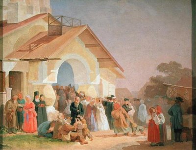 Uit een kerk komen in Pskov door Aleksandr Ivanovich Morozov