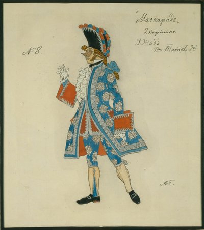 Kostuumontwerp voor het toneelstuk Het Masquerade van M. Lermontov door Aleksandr Jakovlevic Golovin
