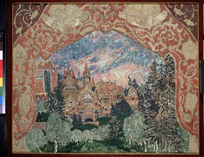 Decor voor de opera De Magische Spiegel van A. Koreshchenko. Beschrijving van een Russische stad in het bos, omlijst door gedecoreerde gordijnen. door Aleksandr Jakovlevic Golovin