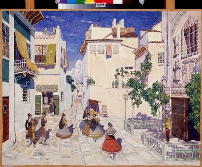 Een straat in Sevilla, decor voor de opera Carmen van Georges Bizet door Aleksandr Jakovlevic Golovin