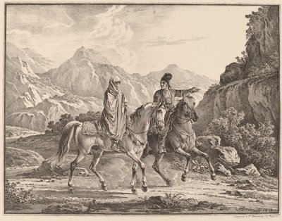 Man en gesluierde vrouw te paard door Aleksandr Osipovich Orlovskii