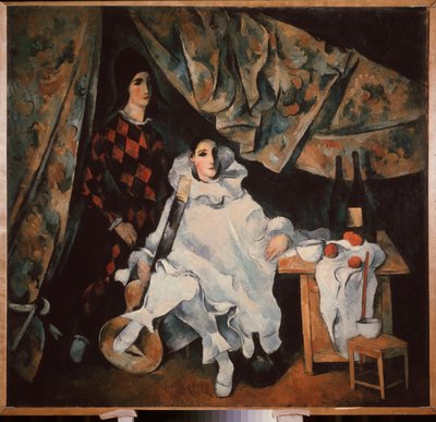 De jonglerende broers Cyrano. (in kostuum van Pierrot en Arlecchino) door Aleksandr Vasilievich Shevchenko
