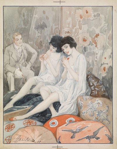 ""Vrouw in een boudoir"" (Dame in haar Boudoir) Aquarel van Alexander Apsit (1880-1944) door Aleksandrs Apsit
