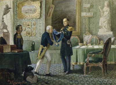 Keizer Nicolaas I kent het blauwe lint van de Orde van St. Andreas toe aan graaf Michail Speranski, 1880 door Aleksei Danilovich Kivshenko