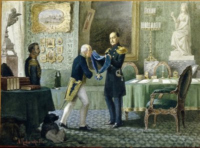 Keizer Nicolaas I van Rusland (1796-1855) overhandigt het blauwe lint van de Orde van Sint-Andreas aan graaf Mikhail Speranski (1772-1839) door Aleksei Danilovich Kivshenko