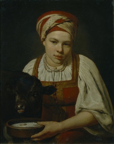 Een boerenmeisje met een kalf, eind jaren 1820 door Aleksei Gavrilovich Venetsianov
