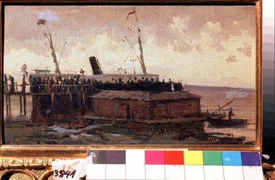 Zicht op een stoomschip aan de kade in een haven door Aleksei Petrovich Bogolyubov