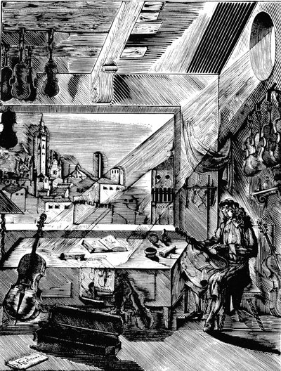 Italiaanse muziekinstrumentenmaker Antonio Stradivari in zijn werkplaats, 1926 door Aleksey Kravchenko