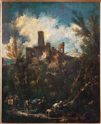 De muleteer, of landschap met kasteel ... door Alessandro (style of) Magnasco