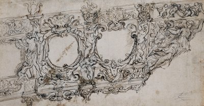Ontwerp voor de Boeg van de Galerij van Paus Urbanus VIII met de Barberini Wapens van Bijen en Zon, Ignudi, Tritons, Hippocamps, Putti en een Allegorie van Overwinning als Boegbeeld Onder de Letters VRBA In door Alessandro Algardi