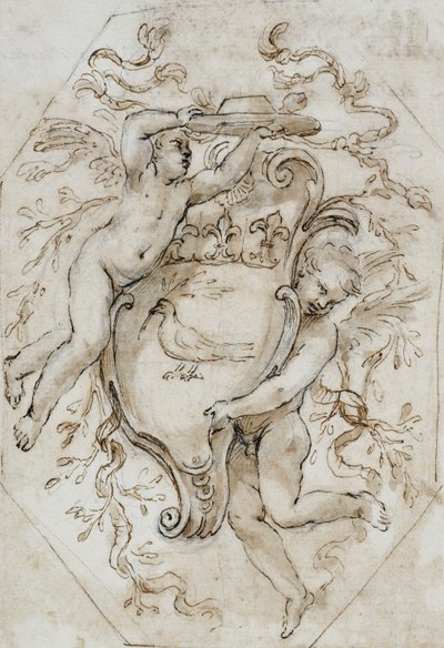 Twee putti die een kardinaalshoed en een wapenschild met de armen van Camillo Pamphili ondersteunen: Ontwerp voor een stucdecoratie door Alessandro Algardi