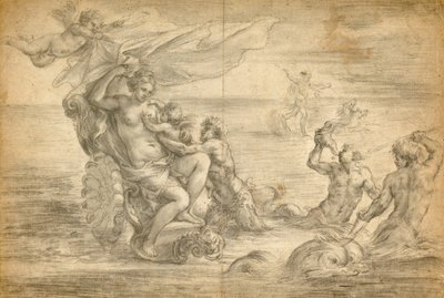 Venus Zittend in haar Zeewagen Zoogt Cupido door Alessandro Algardi