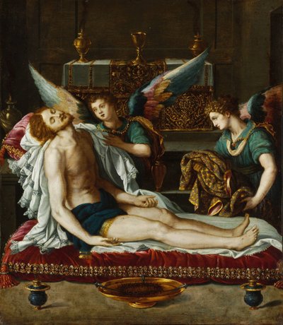 Het lichaam van Christus gezalfd door twee engelen door Alessandro Allori