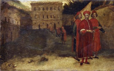 Heilige martelaren, detail van de predella met een voorstelling van het Palazzo Pitti op de achtergrond. Schilderij door Alessandro Allori (1535 - 1607) door Alessandro Allori