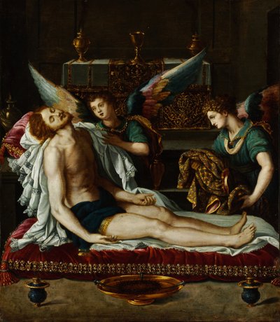 Het lichaam van Christus gezalfd door twee engelen door Alessandro Allori