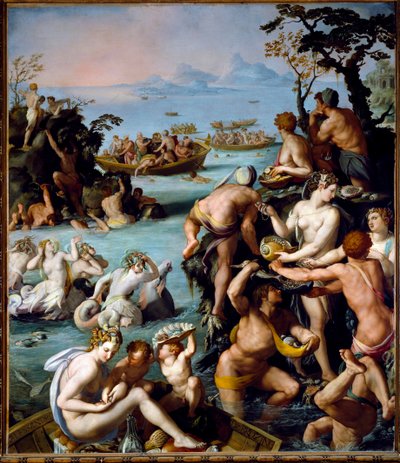 De parelvissers, ca. 1570-1573 (olie op leisteen) door Alessandro Allori