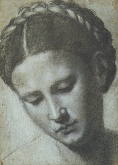 Hoofd van een vrouw met gevlochten haar door Alessandro Bonvicino Moretto