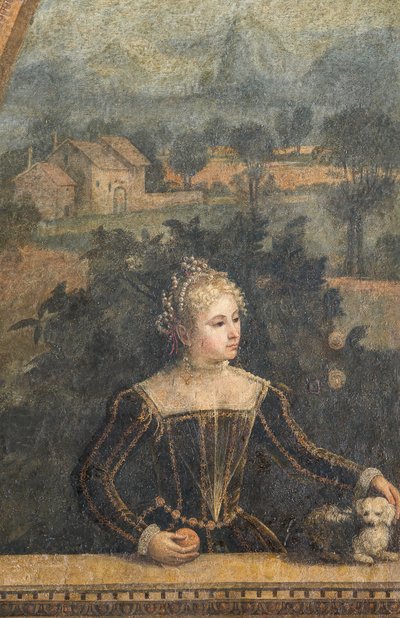 Portret van een edelvrouw (detail van de Kleine Kamer van de Edelvrouwen) door Alessandro Bonvicino Moretto