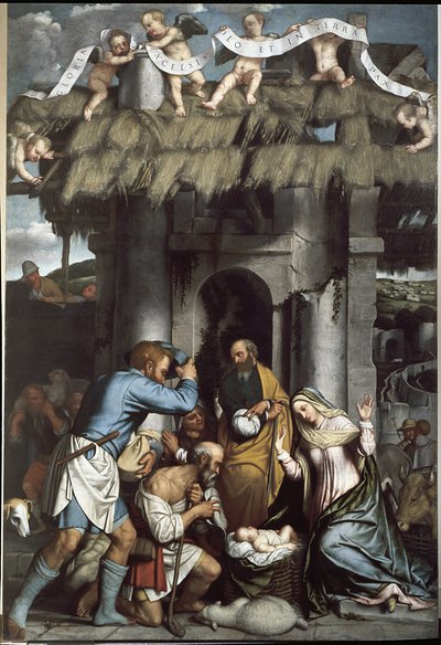 De aanbidding van de herders door Alessandro Bonvicino Moretto