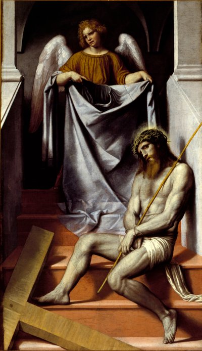 De Passie van Christus en de Engel Christus valt in lijden bij zijn kruis door Alessandro Bonvicino Moretto