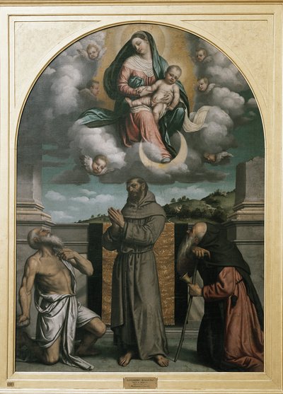 Maagd en Kind in Glorie, met Sint Hiëronymus, Sint Franciscus van Assisi en Sint Antonius door Alessandro Bonvicino Moretto