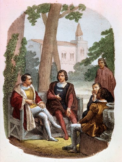 Fabrizio Colonna en Cosimo Rucellai bespreken de kunst van oorlog - in "Complete Werken van Niccolo Machiavelli", illustratie door Alessandro Focosi (1836 - 1869). "De Kunst van Oorlog" door Niccolo di Bernardo dei Machiavelli (Nicolas Machiavel) door Alessandro Focosi