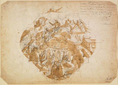 De kunsten betreuren de vernietiging van hun werken, ontwerp voor een plafondschildering door Alessandro Gherardini