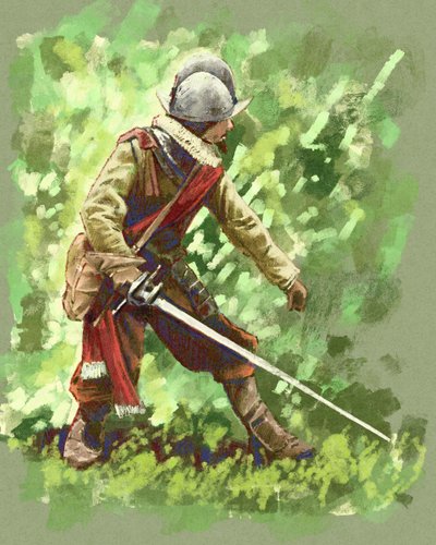 Een Spaanse conquistadorsoldaat uit de 1600s door de Zuid-Amerikaanse jungle (Illustratie) door Alessandro Lonati