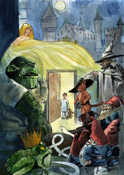 Een kind dat naar de personages van de sprookjes staart zoals De gelaarsde kat, een prinses en een pad, Zeven Dwergen door Alessandro Lonati
