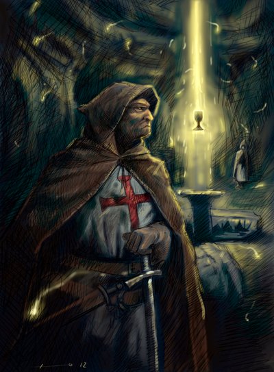 Een ridder van de Orde van de Tempeliers met achter hem de beker van de Heilige Graal - Illustratie door Alessandro Lonati door Alessandro Lonati