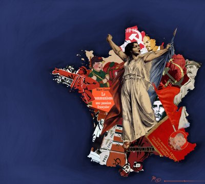 Een mariana tegen een achtergrond van communistisch collage. Allegorie van het communisme in Frankrijk. 2010 Kleuren tekening door Alessandro Lonati. door Alessandro Lonati
