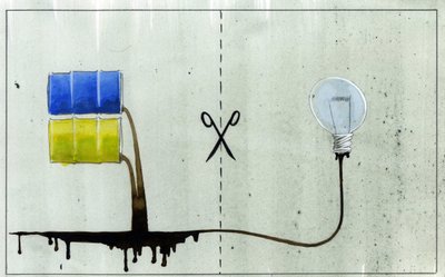 Allegorische voorstelling van schone energie en fossiele brandstoffen door Alessandro Lonati