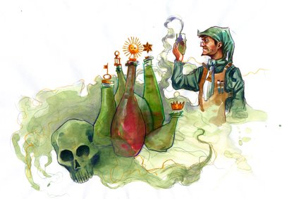 Een alchemist in zijn laboratorium omringd door flessen en destilleerapparaten die de inhoud van een fles onderzoekt door Alessandro Lonati