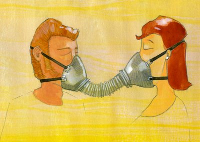 Anticipatie, vervuiling: een stel dat hetzelfde gasmasker deelt door Alessandro Lonati