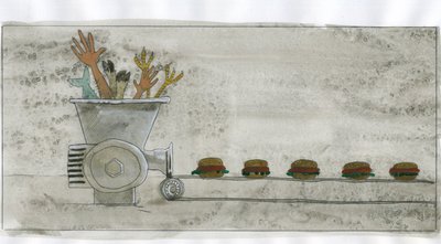 Consumptiemaatschappij: productie van junkfood, hamburger gemaakt van menselijke en dierlijke resten Illustratie door Alessandro Lonati door Alessandro Lonati