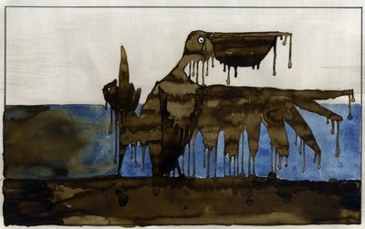 Ecologische ramp: een met olie besmeurde vogel op een strand na het zinken van een olietanker (Illustratie) door Alessandro Lonati