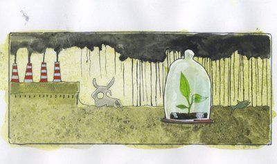 Ecologie, vervuiling: een kleine groene plant in een bel omringd door dierenskeletten, in een omgeving vervuild door fabrieksschoorstenen Illustratie door Alessandro Lonati door Alessandro Lonati