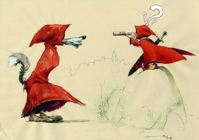 Sprookje van Roodkapje door Charles Perrault (1628-1703) herzien: Roodkapje met een zwaard observeert met verrekijker de vermomde wolf met een rode jas door Alessandro Lonati