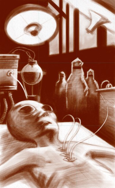 Fantastisch wezen: een buitenaards wezen onderworpen aan laboratoriumtests. door Alessandro Lonati