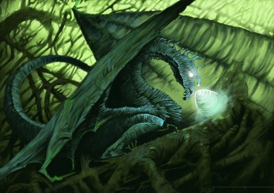Fantasie wezen: een draak die zijn ei beschermt (Illustratie, 2010) door Alessandro Lonati