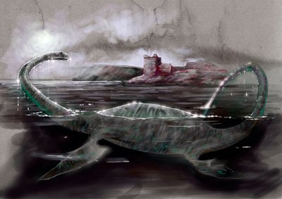 Fantastische monsters en wezens, cryptozoologie: voorstelling van Nessie, het monster van Loch Ness in Schotland - Tekening door Alessandro Lonati, 2012 door Alessandro Lonati