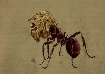 Fantastische monsters en wezens, cryptozoologie: voorstelling van een Myrmecoleo, mier met leeuwenkop - Tekening door Alessandro Lonati, 2012 door Alessandro Lonati