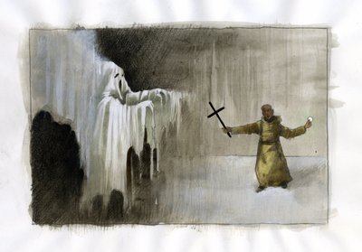 Gevecht tussen een monnik met een kruisbeeld en een geest (Illustratie door Alessandro Lonati) door Alessandro Lonati