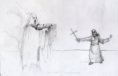 Gevecht tussen een monnik met een crucifix en een geest door Alessandro Lonati