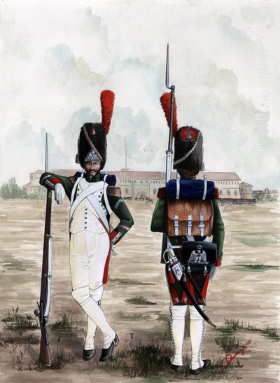 Eerste Keizerrijk: grenadiersoldaten van de Koninklijke Garde van de Grote Napoleontische Armee op het plein van het Sforzesco Kasteel in Milaan, Italië door Alessandro Lonati