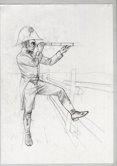 Eerste Keizerrijk (1804-1814 en 1815): senior soldaat van het grote Franse Napoleontische leger in observatie met een verrekijker - Onvoltooide tekening door Alessandro Lonati door Alessandro Lonati