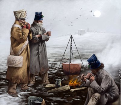 Eerste Keizerrijk: Licht infanteriesoldaten die zich verwarmen rond een vuur, of de pot koken tijdens een campagne van Napoleon I (waarschijnlijk in Rusland) Begin 19e eeuw. Illustratie door Alessandro Lonati. 2010 door Alessandro Lonati