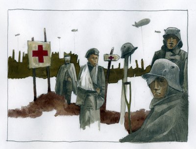 Eerste Wereldoorlog: Gewonde soldaten bij het Rode Kruis hulpstation - 1914-1918 Illustratie door Alessandro Lonati door Alessandro Lonati